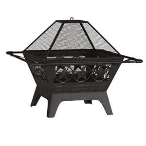 pure garden 50-lg1203 32” outdoor deep fire pit-square large steel bowl with star design, mesh spark screen, log poker & storage cover-patio wood burning, black