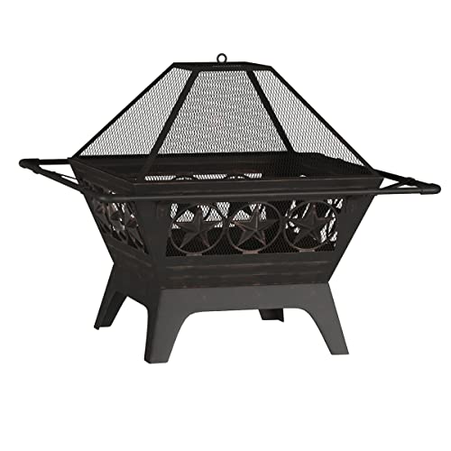 Pure Garden 50-LG1203 32” Outdoor Deep Fire Pit-Square Large Steel Bowl with Star Design, Mesh Spark Screen, Log Poker & Storage Cover-Patio Wood Burning, Black