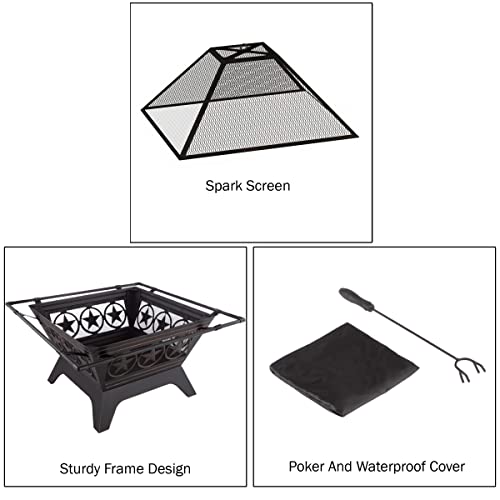 Pure Garden 50-LG1203 32” Outdoor Deep Fire Pit-Square Large Steel Bowl with Star Design, Mesh Spark Screen, Log Poker & Storage Cover-Patio Wood Burning, Black