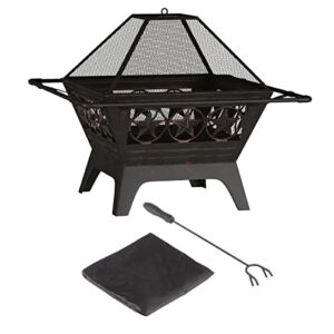 Pure Garden 50-LG1203 32” Outdoor Deep Fire Pit-Square Large Steel Bowl with Star Design, Mesh Spark Screen, Log Poker & Storage Cover-Patio Wood Burning, Black