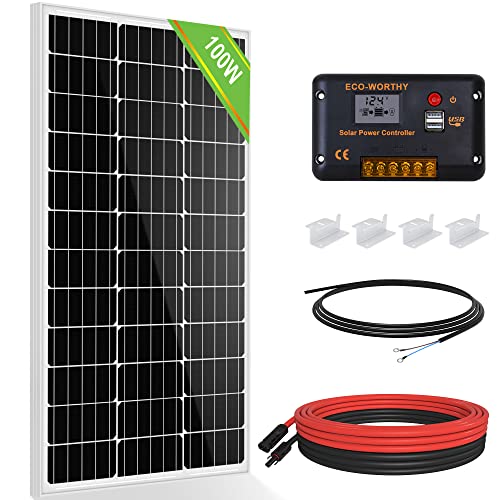 ECO-WORTHY 100 Watt 12 Volt Solar Panel Kit for RV Battery Boat Trailer Cabin Garden Shed Home: 100W Solar Panel+30A PWM Charge Controller+ Tray Cable + Z Mounting Brackets