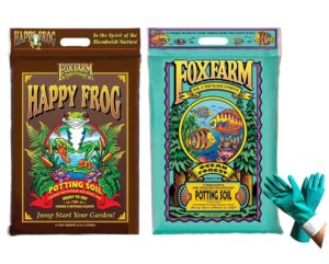 fox farm ocean forest and happy frog potting soil organic natural soil mix for indoor and outdoor plants – organic plant fertilizer – (12 quart). – (bundled with pearsons protective gloves) (2 pack)