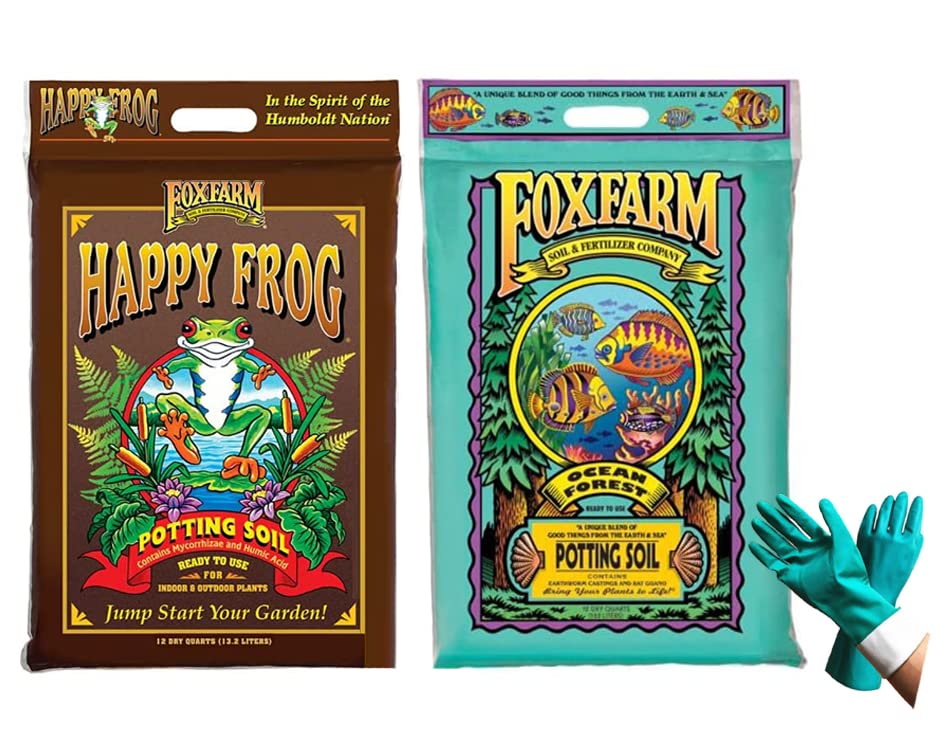 Fox Farm Ocean Forest and Happy Frog Potting Soil Organic Natural Soil Mix for Indoor and Outdoor Plants - Organic Plant Fertilizer - (12 Quart). - (Bundled with Pearsons Protective Gloves) (2 Pack)