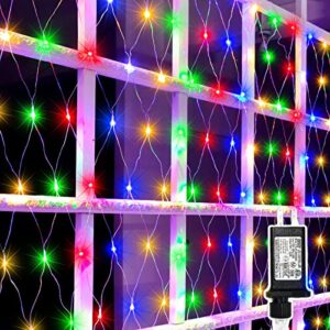 ealebe christmas net lights, 200 led net christmas lights, 9.8 x 6.6 ft net mesh string lights waterproof, 8 lighting modes, for indoor outdoor christmas wedding party garden decorations(multicolor