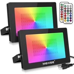 meikee 2 pack 150w rgb led flood lights, color changing floodlight with remote control, ip66 waterproof outdoor indoor dimmable wall washer light for party stage garden uplighting landscape
