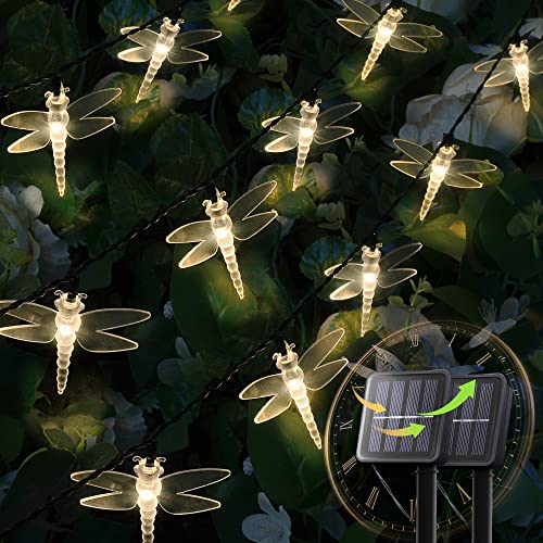 HEYFUNi Solar String Lights, 2 Pack 19.6FT 30 LED Solar Dragonfly Lights,8 Modes Waterproof Outdoor String Lights for Garden Patio Gate Yard Party Wedding Outdoor Decor(Warm White)