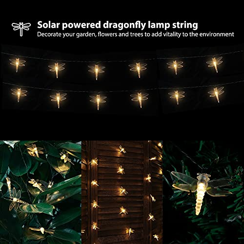 HEYFUNi Solar String Lights, 2 Pack 19.6FT 30 LED Solar Dragonfly Lights,8 Modes Waterproof Outdoor String Lights for Garden Patio Gate Yard Party Wedding Outdoor Decor(Warm White)