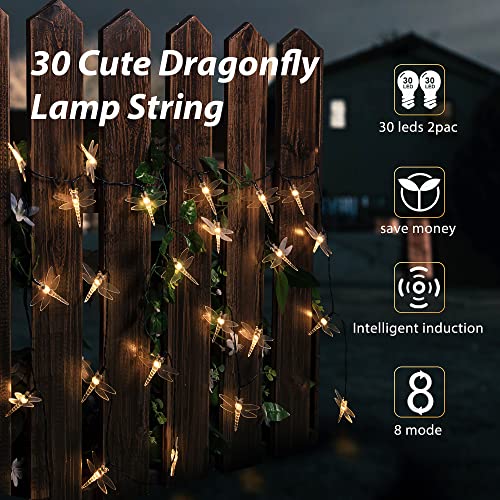 HEYFUNi Solar String Lights, 2 Pack 19.6FT 30 LED Solar Dragonfly Lights,8 Modes Waterproof Outdoor String Lights for Garden Patio Gate Yard Party Wedding Outdoor Decor(Warm White)