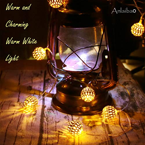 Anlaibao Moroccan String Lights, 17ft 30 LED Big Metal Globe Lights with Remote Timer,Indoor Outdoor Battery Operated & USB Powered,Gold Ball Warm White Fairy Light for Bedroom Garden Party Decoration