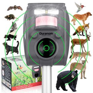 duranom wild animal repeller outdoor – solar ultrasonic and audio motion sensor – strobe flashing light deer repellent