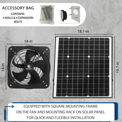 OmniPV Solar Powered Wall Mount Exhaust Fan, 35 Watt (for Home, Garage, Workshop, Greenhouse, RV, Outdoor Garden, etc.)