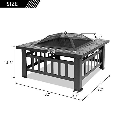 Teeker Fire Pit,Outdoor Fire Pits,Wood Burning Firepit 32'',Multifunctional Patio Backyard Garden Fireplace Heater/BBQ/Ice Pit with Spark Screen,Log Poker