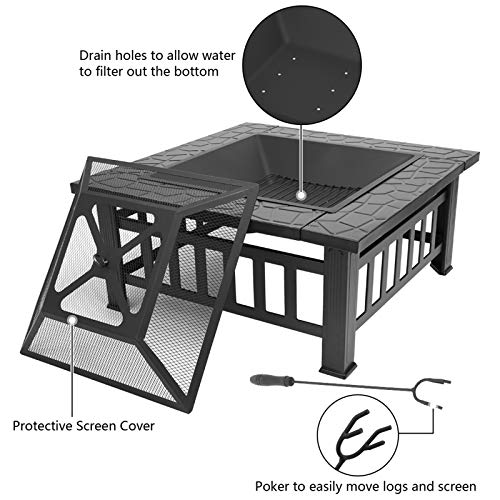 Teeker Fire Pit,Outdoor Fire Pits,Wood Burning Firepit 32'',Multifunctional Patio Backyard Garden Fireplace Heater/BBQ/Ice Pit with Spark Screen,Log Poker