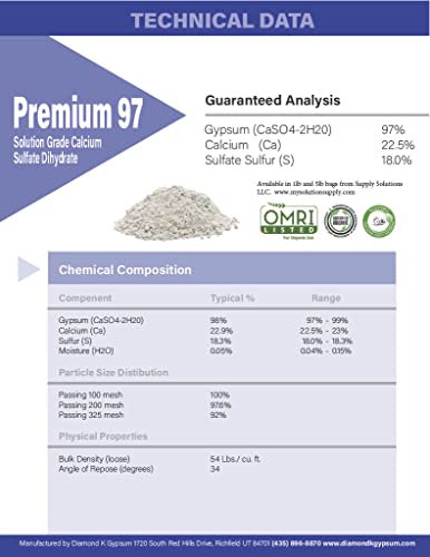 Premium 97 Gypsum-Solution Grade Calcium Sulfate Dihydrate Organic Garden Gypsum, Purest, Most Soluble Mined Gypsum in The World. Improves Crop Quality and Yields.