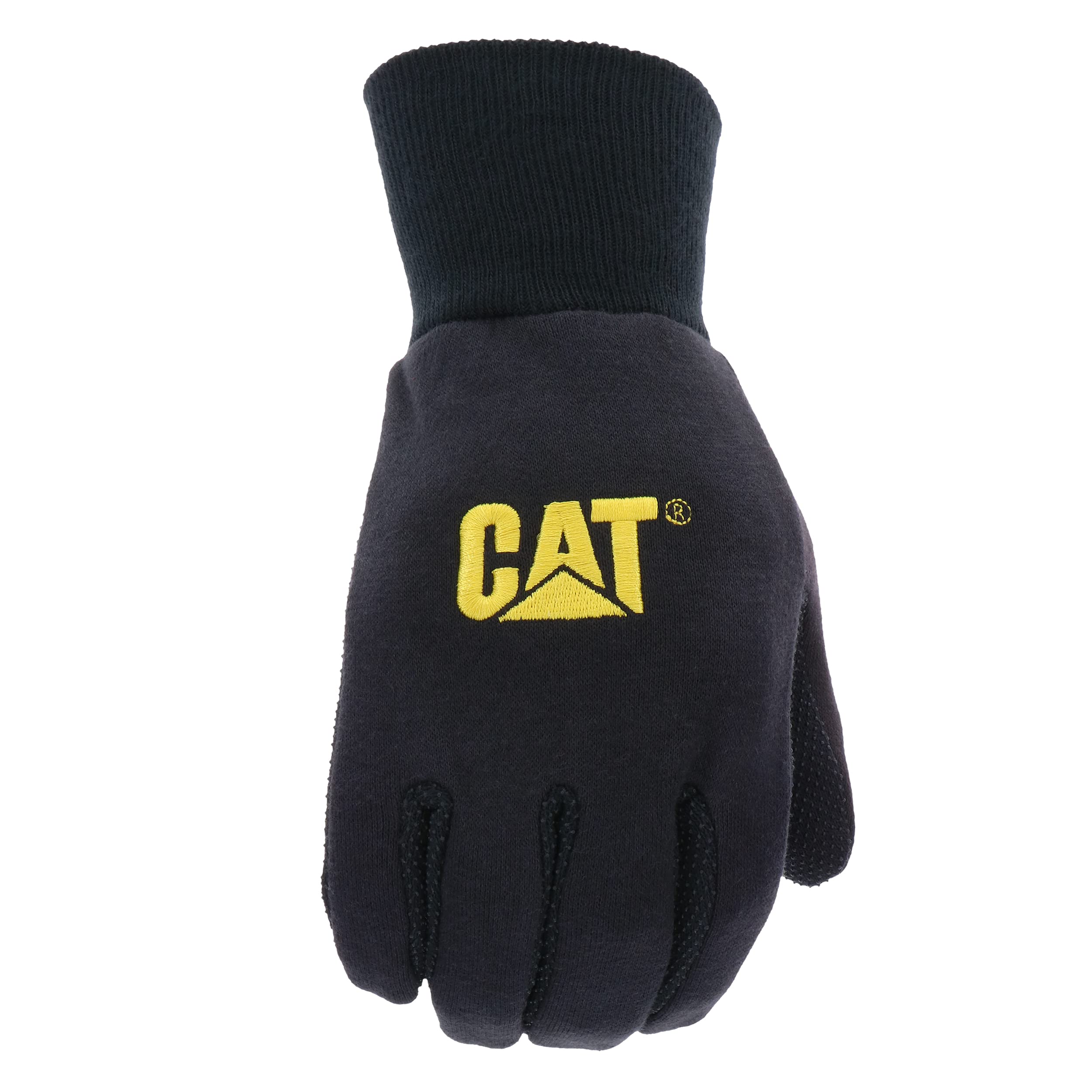 Cat® CAT015400L Cotton Jersey Work Gloves – Black, Large, Breathable, Gunn-Cut PVC Micro Dot Palm Gloves with Knit Wrists