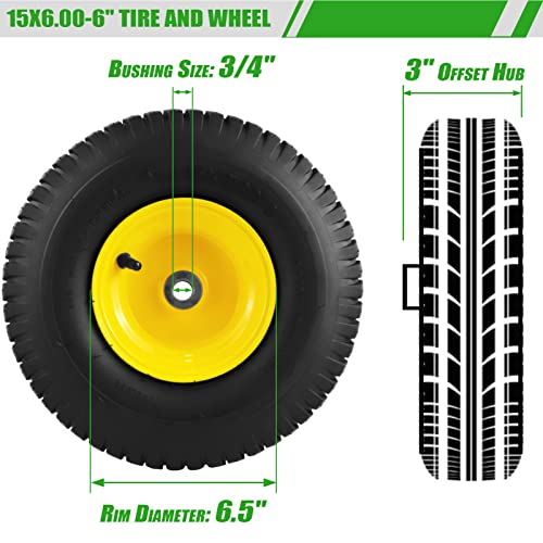 15x6.00-6 Lawn Mower Tires with Wheel,Front Tire Assembly Replacement for John Deere,Craftsman,Cub Cadet and More Lawn &Garden Riding Mower,4 Ply Tubeless,570lbs Capacity,3" Offset Hub