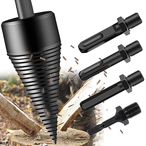 Firewood Log Splitter Drill Bit, 5Pcs Removable Wood Splitters Drill Bits Heavy Duty for Electric Drills, Kindling Splitting Bit Carbon Steel Cones Screw with Round + Square + Hex Shank 1.26inch