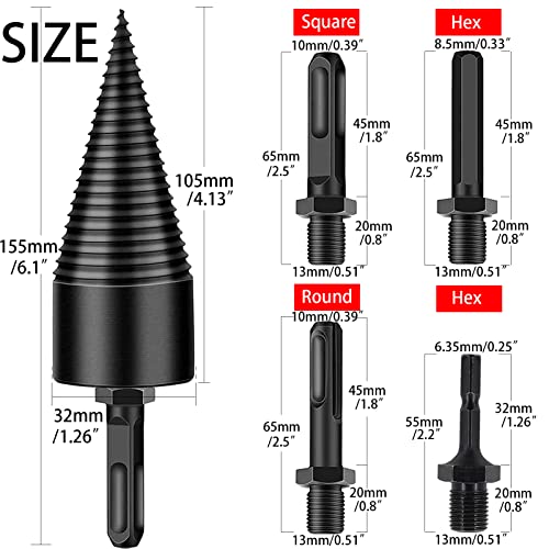 Firewood Log Splitter Drill Bit, 5Pcs Removable Wood Splitters Drill Bits Heavy Duty for Electric Drills, Kindling Splitting Bit Carbon Steel Cones Screw with Round + Square + Hex Shank 1.26inch