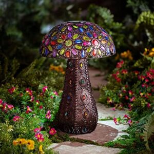 Wind & Weather Metal Solar Lighted Mushroom 13.25-Inch Diameter by 20.5-Inch High Home and Garden Decor Solar Mushroom with Acrylic Beads Glows at Night with Solar Panel