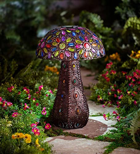 Wind & Weather Metal Solar Lighted Mushroom 13.25-Inch Diameter by 20.5-Inch High Home and Garden Decor Solar Mushroom with Acrylic Beads Glows at Night with Solar Panel