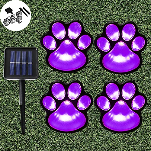 Obrecis Solar Lights Paw Print Outdoor Christmas Decoration, Dog Puppy Animal Cat Paw Path Purple Lights, Garden Lamp for Landscape Walkway Yard, Set of 4(Purple)