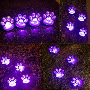 Obrecis Solar Lights Paw Print Outdoor Christmas Decoration, Dog Puppy Animal Cat Paw Path Purple Lights, Garden Lamp for Landscape Walkway Yard, Set of 4(Purple)