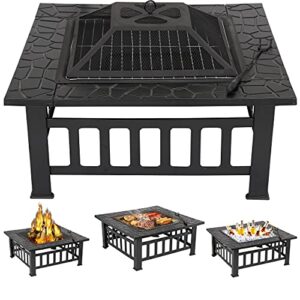 zeny 32″ outdoor fire pit square table metal firepit table backyard patio garden stove wood burning fireplace w/ waterproof cover, spark screen and poker