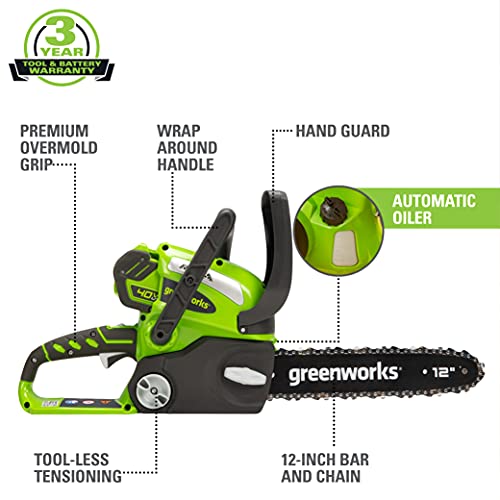 Greenworks 40V 12" Chainsaw, 2.0Ah Battery and Charger Included