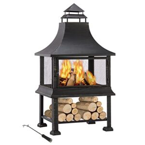udpatio fire pit for outside chiminea fireplace vintage wood burning pits 43.3″ high large patio firepit with wood storage, 360° view steel spark screen & poker for lawn, garden, backyard