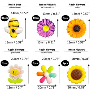 225 pcs Tiny Resin Bee Wooden Ladybug Daisy Flower Mushroom Decor, Bumble Bee Embellishment Epoxy Slime Charm Miniature Fairy Garden Accessories Figurines Micro Landscape Ornaments Scrapbooking