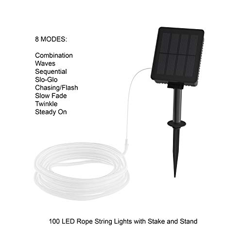 Pure Garden 50-LG1008 Outdoor Rope Solar Powered Cable String 100 LED Lights with 8 Modes for Patio Backyard, Garden, Events (Cool White)