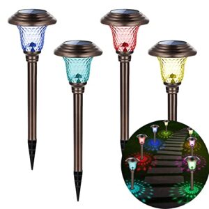 rookrome solar pathway lights outdoor,bright waterproof glass auto color changing led garden light for yard, walkway, patio, path, driveway, lawn landscape decoration(4 pack)