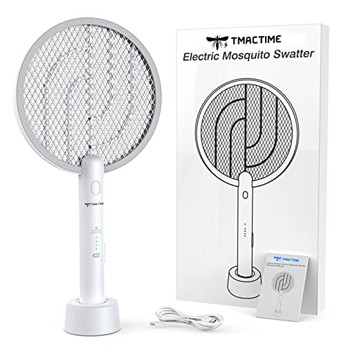 TMACTIME Electric Fly Swatter 4000V Bug Zapper Racket 2 in 1 Fly Zapper with USB Rechargeable Base and 3-Layer Safety Mesh for Bedroom Kitchen Patio and Outdoors