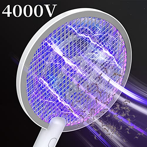 TMACTIME Electric Fly Swatter 4000V Bug Zapper Racket 2 in 1 Fly Zapper with USB Rechargeable Base and 3-Layer Safety Mesh for Bedroom Kitchen Patio and Outdoors