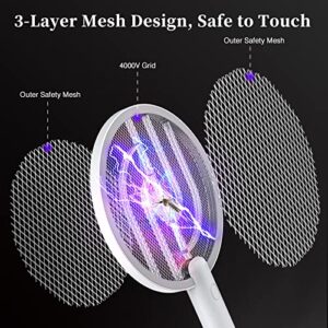 TMACTIME Electric Fly Swatter 4000V Bug Zapper Racket 2 in 1 Fly Zapper with USB Rechargeable Base and 3-Layer Safety Mesh for Bedroom Kitchen Patio and Outdoors