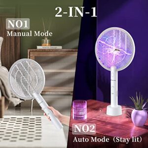 TMACTIME Electric Fly Swatter 4000V Bug Zapper Racket 2 in 1 Fly Zapper with USB Rechargeable Base and 3-Layer Safety Mesh for Bedroom Kitchen Patio and Outdoors