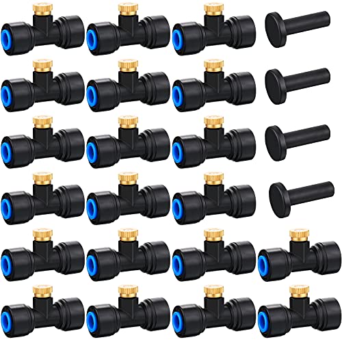 Hotop Brass Misting Nozzles 1/4 Inch Slip Lock Mister Nozzles Thread Misting Nozzle Tees with Plugs for Outdoor Cooling System Patio Misting System (20)