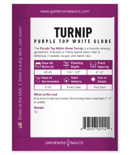 Turnip Seeds for Planting (Purple White Top Globe) Heirloom, Non-GMO Vegetable Variety- 1 Gram Seeds Great for Summer, Fall and Winter Gardens by Gardeners Basics