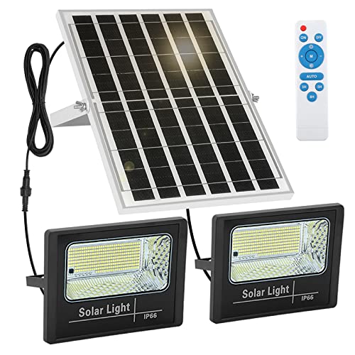 LVEMIZ 2-Pack 300W Solar Flood Lights Outdoor with Remote, Dual 287 LEDs Dusk to Dawn Auto On/Off 24000LM IP66 Waterproof 16.4ft Cables Perfect for Barn, Warehouse, Yard, Garden