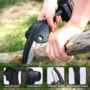 Mini Chainsaw Cordless, FAMICCI 4-Inch Battery Chainsaw, Small Electric saw, Rechargeable Portable one-Hand Power Chain Saws For Tree Trimming/Wood Cutting/Branch Pruning (24v 2 Batteries + 3 Chains)