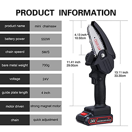 Mini Chainsaw Cordless, FAMICCI 4-Inch Battery Chainsaw, Small Electric saw, Rechargeable Portable one-Hand Power Chain Saws For Tree Trimming/Wood Cutting/Branch Pruning (24v 2 Batteries + 3 Chains)