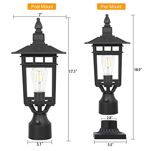 Krychiler Outdoor Dusk to Dawn Post Light with Pier Mount Base, 2 Pack Waterproof Dusk to Dawn Lamp Posts Outdoor Lighting Lamp Post Light Fixture for Garden Park Driveway Pathway