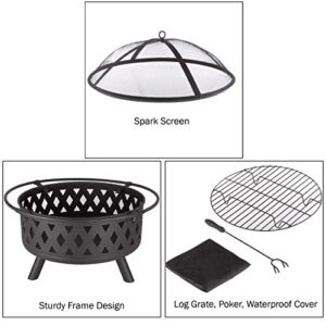 Fire Pit Set, Wood Burning Pit - Includes Screen, Cover and Log Poker - Great for Outdoor and Patio, 32 inch Round Crossweave Firepit by Pure Garden