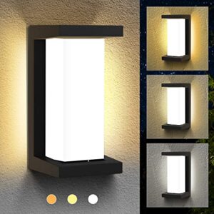 estoder outdoor wall porch lights, 18w modern wall sconce light, black wall mounted exterior fixtures, waterproof 3 color led outside sconces for house garage backyard walkway garden