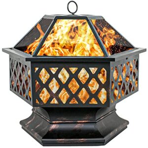 f2c hex-shaped fire pit for garden 24 inch wood burning bonfire firebowl outdoor portable steel firepit with flame-retardant mesh lid for patio backyard garden beach camping picnic