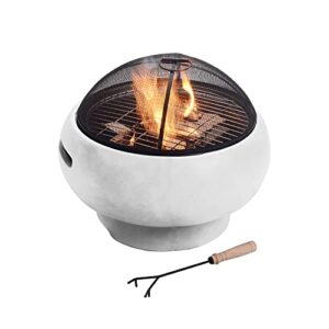teamson home mgo light concrete round charcoal and wood burning fire pit for outdoor patio garden backyard with spark screen, fireplace poker, grate, and bbq grill, light gray