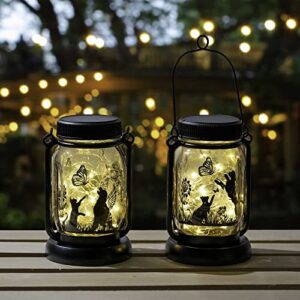 iheartdogs dog & butterfly solar lantern fairy lights – outdoor hanging jar & garden stake, 2 piece set