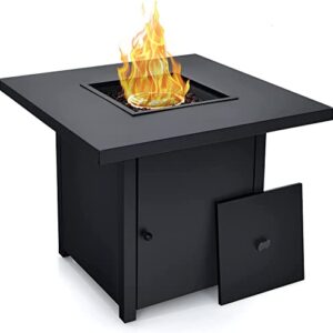 Renatone 25” Outdoor Fire Pit Table, 40,000 BTU Propane Fire Pit Table with Lid, Adjustable Flame, Fire Glass & CSA Certification, 2-in-1 Square Gas Firepit Table, for Patio, Balcony, Garden (Black)