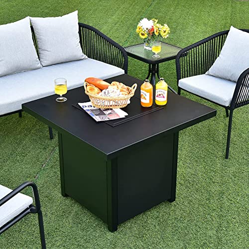 Renatone 25” Outdoor Fire Pit Table, 40,000 BTU Propane Fire Pit Table with Lid, Adjustable Flame, Fire Glass & CSA Certification, 2-in-1 Square Gas Firepit Table, for Patio, Balcony, Garden (Black)