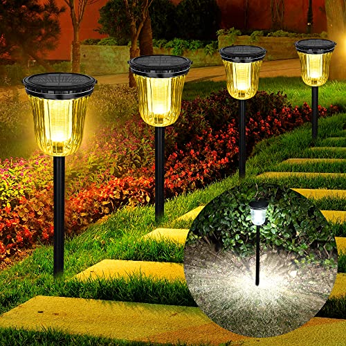 Zisnkdas 200 Lumens Solar Pathway Lights,4 Pack Landscape Path Lights Waterproof, IP65 Warm/White Solar Driveway Lights,Long Lasting LED Solar Walkway Light for Garden,Lawn,Path,Patio